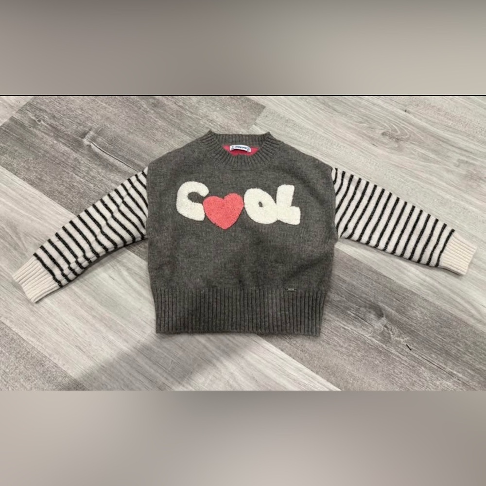 Mayoral Charcoal Sweater with Heart and Striped Sleeves